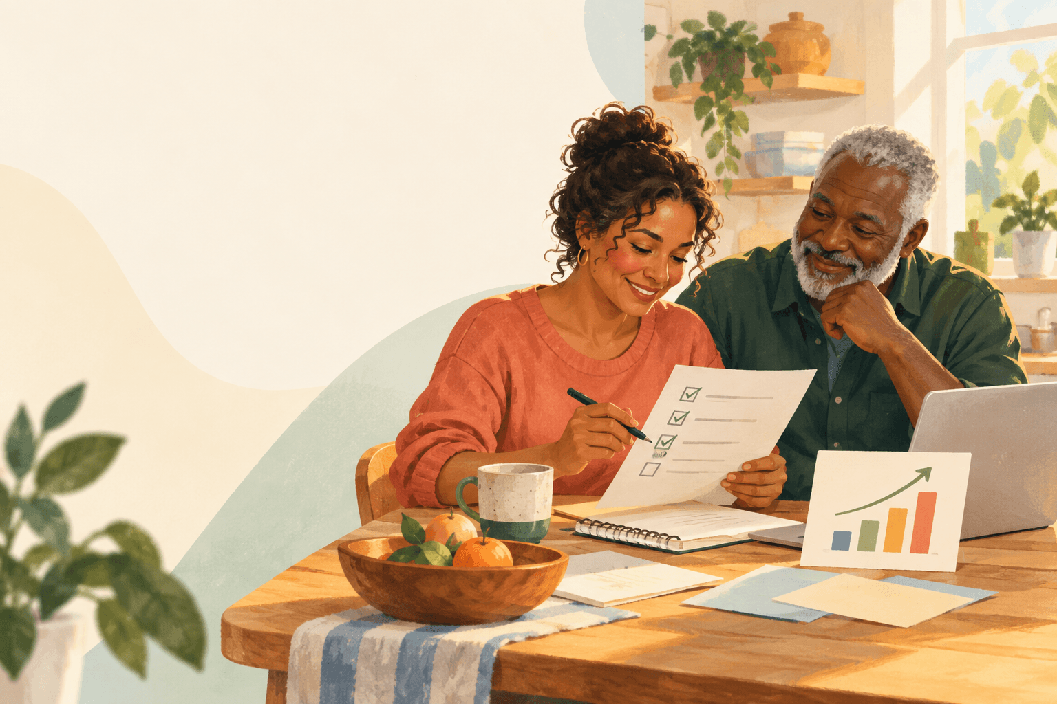 Illustration of a family working through a benefits checklist together